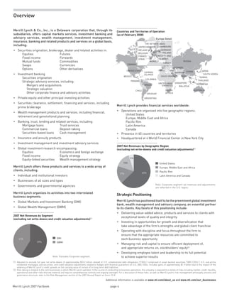 Merrill Lynch 2007 Factbook page 4 
Overview
Additional information is available at www.ml.com/about_us and www.ml.com/our_businesses
Merrill Lynch  Co., Inc., is a Delaware corporation that, through its
subsidiaries, offers capital markets services, investment banking and
advisory services, wealth management, investment management,
insurance, banking and related products and services on a global basis,
including:
Securities origination, brokerage, dealer and related activities in:•	
Equities	 Futures
Fixed income	 Forwards
Mutual funds	 Commodities
Swaps	 Currencies
Options	 Other derivatives
Investment banking•	
Securities origination
Strategic advisory services, including:
Mergers and acquisitions
Strategic valuation
Other corporate finance and advisory activities
Private equity and other principal investing activities•	
Securities clearance, settlement, financing and services, including•	
prime brokerage
Wealth management products and services, including financial,•	
retirement and generational planning
Banking, trust, lending and related services, including:•	
Mortgage loans	 Trust services
Commercial loans	 Deposit-taking
Securities-based loans	 Cash management
Insurance and annuity products•	
Investment management and investment advisory services•	
Global investment research encompassing:•	
Equities	 Economics and foreign exchange
Fixed income	 Equity strategy
Equity-linked securities	 Wealth management strategy 
Merrill Lynch offers these products and services to a wide array of
clients, including:
Individual and institutional investors•	
Businesses of all sizes and types•	
Governments and governmental agencies•	
Merrill Lynch organizes its activities into two interrelated
business segments:
Global Markets and Investment Banking (GMI)•	
Global Wealth Management (GWM)•	
(1) Adjusted to exclude full year net write-downs of approximately $23.2 billion related to U.S. collateralized debt obligations (“CDOs”) comprised of asset-backed securities (“ABS CDOs”), U.S. sub-prime
residential mortgages and securities, and credit valuation adjustments related to hedges with financial guarantors on U.S. ABS CDOs. Includes gains of approximately $1.9 billion due to the impact of the
widening of Merrill Lynch’s credit spreads on the carrying value of certain of its long-term debt liabilities.
(2)	 Risk-taking is integral to the core businesses in which Merrill Lynch operates. In the course of conducting its business operations, the company is exposed to a variety of risks including market, credit, liquidity,
operational and other risks that are material and require comprehensive controls and ongoing oversight. For a discussion of these risks, as well as Merrill Lynch’s risk management philosophy, process and
governance structure, refer to the Risk Management section of the 2007 Annual Report on Form 10-K.
41%
59%
GMI
GWM
UNITED STATES
CANADA
MEXICO
PANAMA
CAYMAN
ISLANDS
ARGENTINA
BRAZIL
CHILE
URUGUAY
SOUTH
AFRICA
LEBANON
BAHRAIN
INDIA
CHINA
RUSSIA
THAILAND
SINGAPORE
TAIWAN
INDONESIA
MALAYSIA
JAPAN
SOUTH KOREA
AUSTRALIA
ISRAEL
COL0MBIA
SAUDI ARABIA
UNITED ARAB
EMIRATES
ITALYSPAIN
MONACO
GERMANY
FRANCE
POLAND
THE NETHERLANDS
IRELAND
LUXEMBOURG
SWITZERLAND
TURKEY
UNITED KINGDOM
BELGIUM
Europe Detail
Merrill Lynch provides financial services worldwide:
Operations are organized into five geographic regions:•	
United States
Europe, Middle East and Africa
Pacific Rim
Latin America
Canada
Presence in 40 countries and territories•	
Headquartered at 4 World Financial Center in New York City•	
Strategic Positioning
Merrill Lynchhaspositioneditselftobethepreeminentglobalinvestment
bank, wealth management and advisory company, an essential partner
to its clients. Key facets of this positioning include:
Delivering value-added advice, products and services to clients with•	
exceptional levels of quality and integrity
Investing in opportunities for growth and diversification that•	
take advantage of the firm’s strengths and global client franchise
Operating with discipline and focus throughout the firm to•	
ensure that the appropriate resources are committed to
each business opportunity
Managing risk and capital to ensure efficient deployment of,•	
and appro­priate returns on, stockholders’ equity(2)
Developing employee talent and leadership to its full potential•	
to achieve superior results
63%17%
15%
5%
United States
Europe, Middle East and Africa
Pacific Rim
Latin America and Canada
Note: Excludes Corporate segment.
Note: Corporate segment net revenues and adjustments
are reflected in the U.S. region.
2007 Net Revenues by Segment
(excluding net write-downs and credit valuation adjustments)(1)
2007 Net Revenues by Geographic Region
(excluding net write-downs and credit valuation adjustments)(1)
Countries and Territories of Operation
(as of February 2008)
 