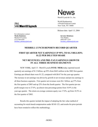 News
                                                         Merrill Lynch & Co., Inc.

                                                         World Headquarters
                                                         4 World Financial Center
                                                         New York, NY 10080

                                                         Release date: April 13, 2004
For information contact:
Media Relations:                                             Investor Relations:
Michael O’Looney                                             Tina Madon
(212) 449-9205                                               (866) 607-1234
michael_olooney@ml.com                                       investor_relations@ml.com



              MERRILL LYNCH REPORTS RECORD QUARTER

      FIRST QUARTER NET EARNINGS UP 95% TO $1.3 BILLION;
                  $1.22 PER DILUTED SHARE

           NET REVENUES AND PRE-TAX EARNINGS GROWTH
                 IN ALL THREE BUSINESS SEGMENTS

       NEW YORK, April 13 –Merrill Lynch (NYSE: MER) today reported record
quarterly net earnings of $1.3 billion, up 95% from $643 million in the 2003 first quarter.
Earnings per diluted share were $1.22, compared with $0.67 for the year-ago quarter.
The increase in net earnings was driven by growth in net revenues and pre-tax earnings in
all three business segments. First quarter net revenues were $6.1 billion, up 27% from
the first quarter of 2003 and up 25% from the fourth quarter. The first quarter pre-tax
profit margin rose to 27.8%, up almost nine percentage points from 18.9% in the
year-ago quarter. The return on average common equity was 17.0%, up from 10.5% in
the first quarter of 2003.


       Results this quarter include the impact of adopting the fair value method of
accounting for stock-based compensation under SFAS 123, and results for prior periods
have been restated to reflect this methodology.




                                         -MORE-
 