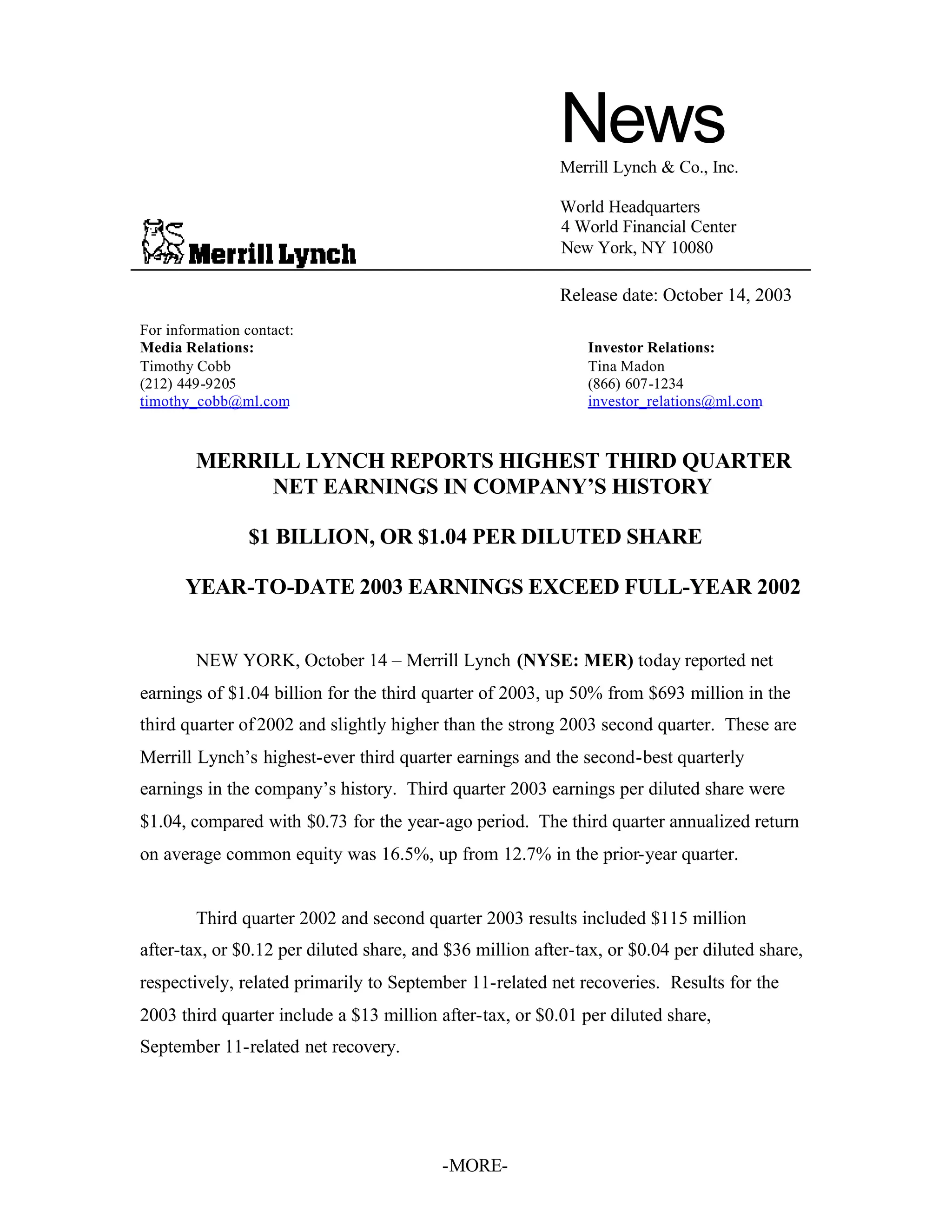 Merrill lynchHistorical Earnings Announcements 2003 3rd
