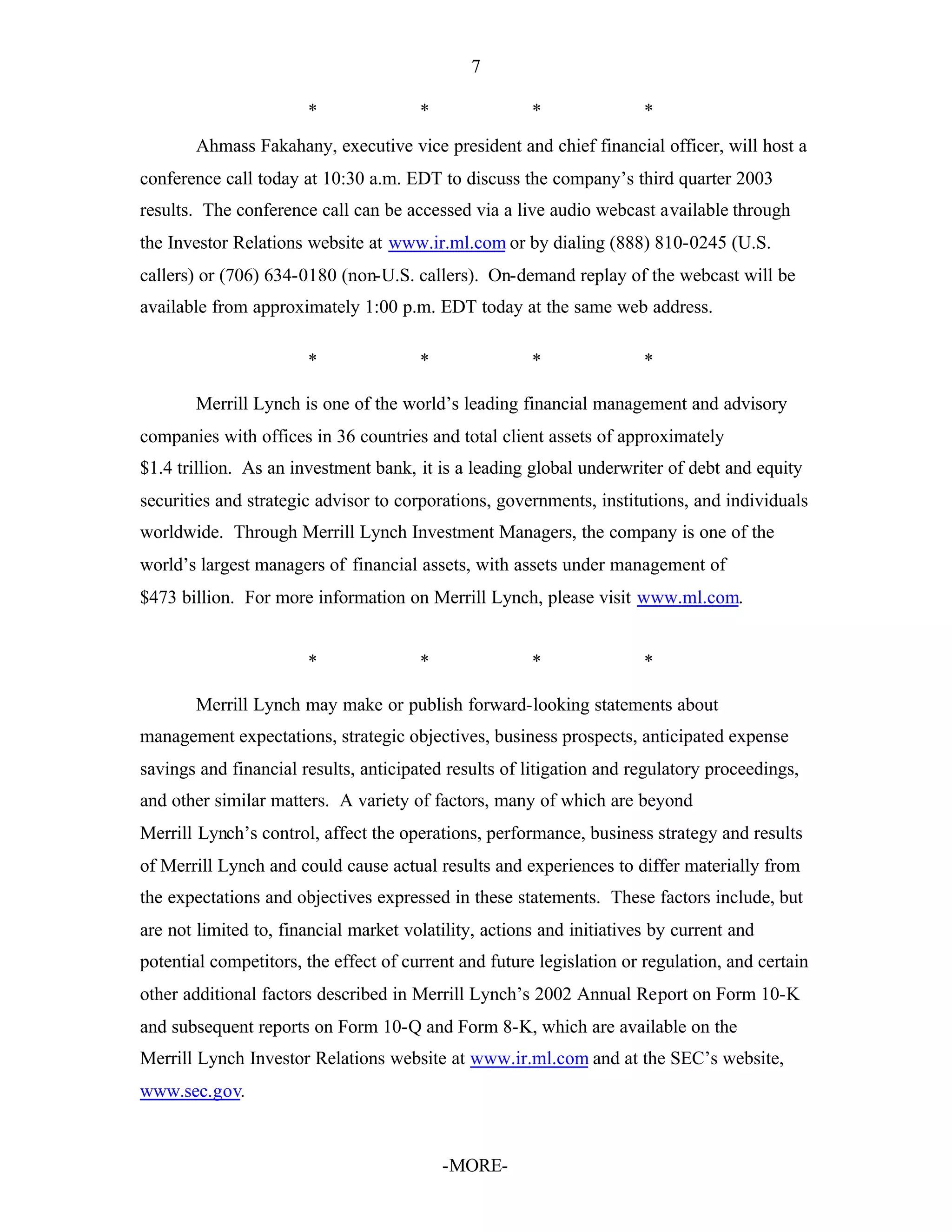 Merrill lynchHistorical Earnings Announcements 2003 3rd