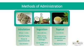 Methods of Administration
Inhalation Ingestion Topical
30 sec – 1 min.
Smoking/Vaping
Easy titration
Wide variety:
Tinctur...