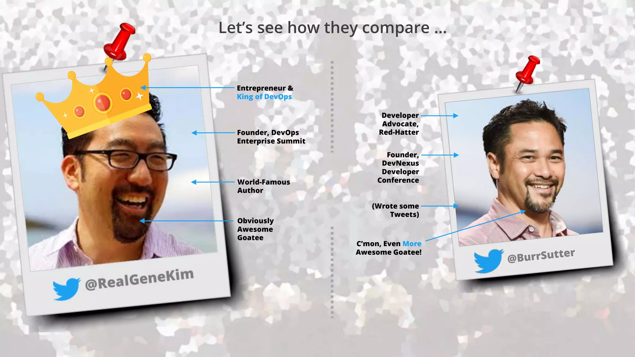 Developer
Advocate,
Red-Hatter
Founder,
DevNexus
Developer
ConferenceWorld-Famous
Author
(Wrote some
Tweets)
Obviously
Awesome
Goatee
C’mon, Even More
Awesome Goatee!
Founder, DevOps
Enterprise Summit
Entrepreneur &
King of DevOps
Let’s see how they compare …
 