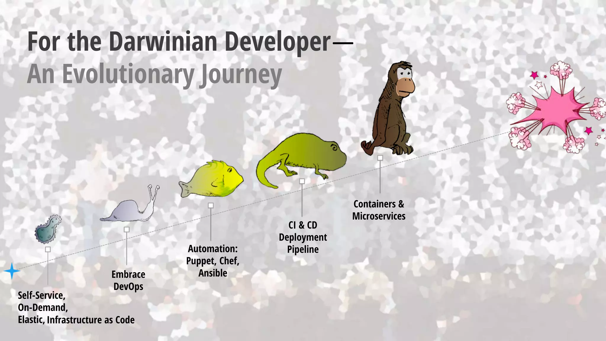 Embrace
DevOps
Automation:
Puppet, Chef,
Ansible
CI & CD
Deployment
Pipeline
Containers &
Microservices
For the Darwinian Developer—
An Evolutionary Journey
Self-Service,
On-Demand,
Elastic,Infrastructure as Code
 