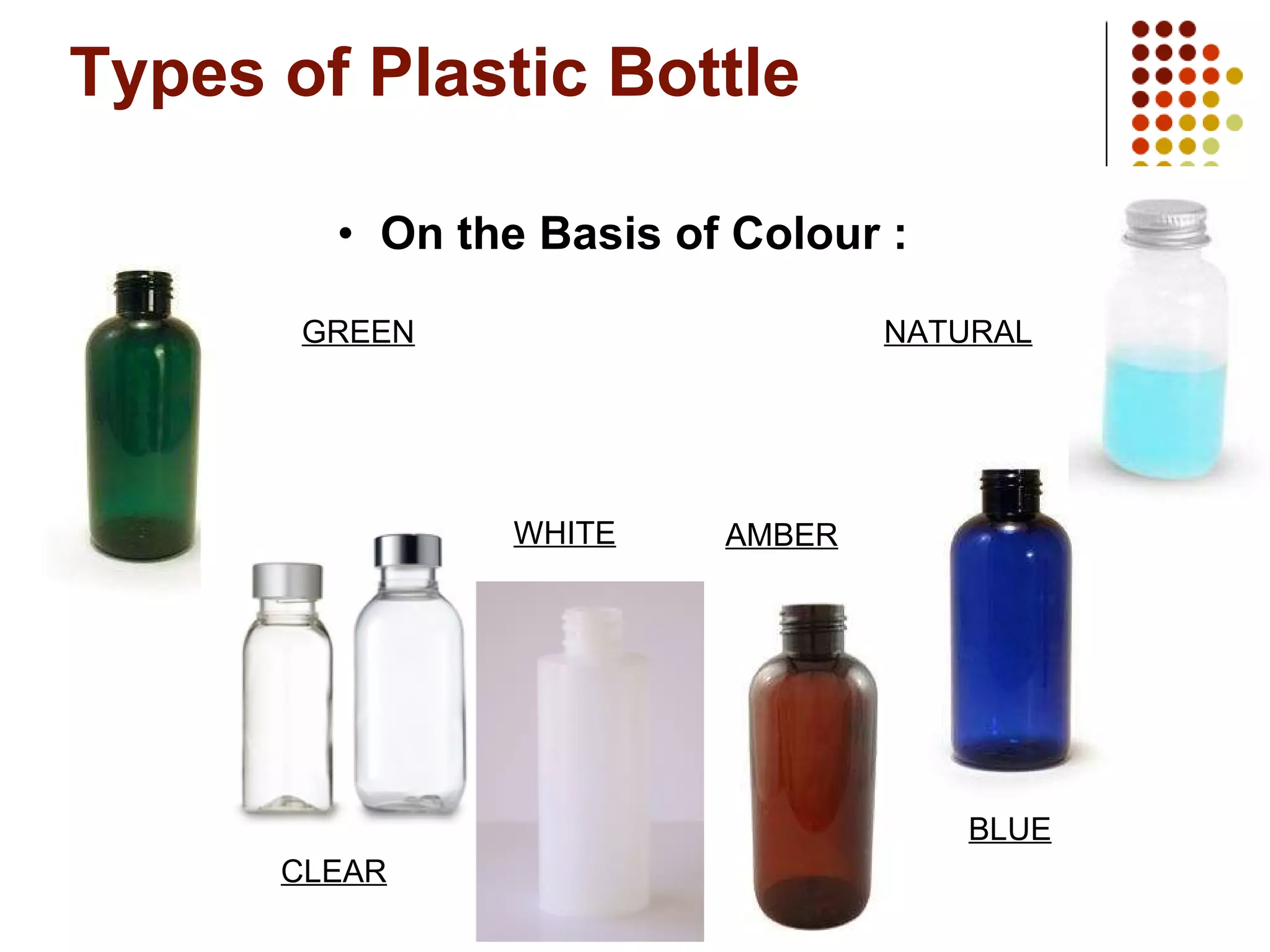 Types of Plastic Bottle On the Basis of Colour : GREEN CLEAR WHITE AMBER BLUE NATURAL 