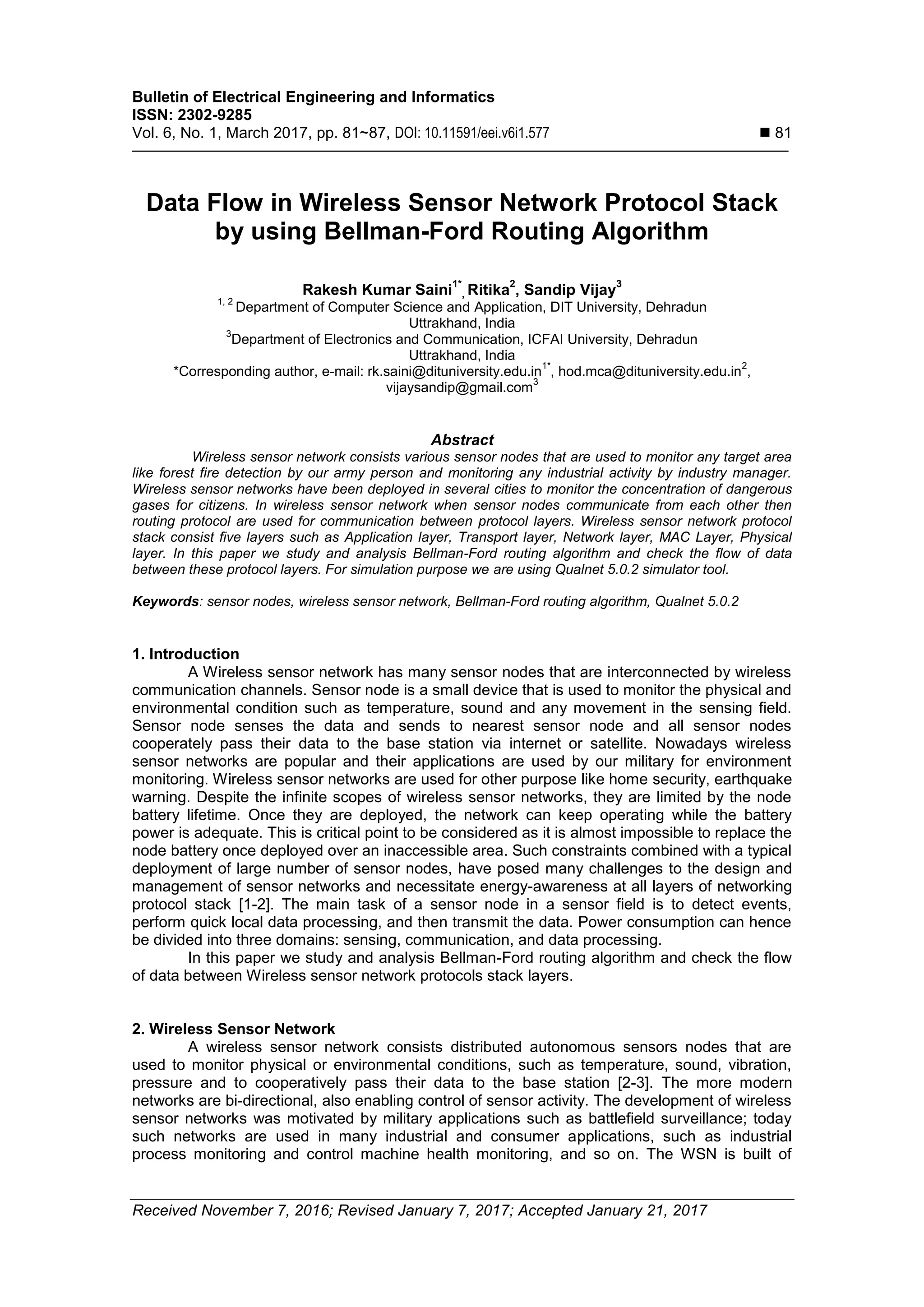 Data Flow in Wireless Sensor Network Protocol Stack by using BellmanFord Routing Algorithm PDF