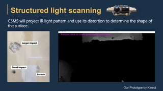 CSMS will project IR light pattern and use its distortion to determine the shape of
the surface.
Structured light scanning
Our Prototype by Kinect
 