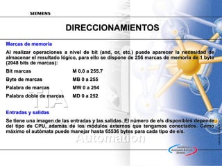 A&DASV5,05/99N°36
Totally Integrated
Automation
TIA
DIRECCIONAMIENTOS
Marcas de memoria
Al realizar operaciones a nivel de bit (and, or, etc.) puede aparecer la necesidad de
almacenar el resultado lógico, para ello se dispone de 256 marcas de memoria de 1 byte
(2048 bits de marcas):
Bit marcas M 0.0 a 255.7
Byte de marcas MB 0 a 255
Palabra de marcas MW 0 a 254
Palabra doble de marcas MD 0 a 252
Entradas y salidas
Se tiene una imagen de las entradas y las salidas. El número de e/s disponibles depende
del tipo de CPU, además de los módulos externos que tengamos conectados. Como
máximo el autómata puede manejar hasta 65536 bytes para cada tipo de e/s.
 