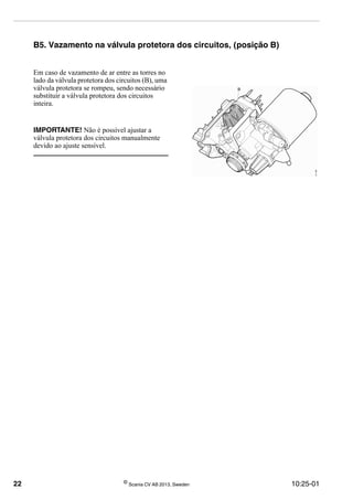 22 ©
Scania CV AB 2013, Sweden 10:25-01
B5. Vazamento na válvula protetora dos circuitos, (posição B)
Em caso de vazamento de ar entre as torres no
lado da válvula protetora dos circuitos (B), uma
válvula protetora se rompeu, sendo necessário
substituir a válvula protetora dos circuitos
inteira.
IMPORTANTE! Não é possível ajustar a
válvula protetora dos circuitos manualmente
devido ao ajuste sensível.
 
