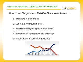 Lubrication Reliability : LUBRICATION TECHNOLOGY
How to set Targets for ISO4406 Cleanliness Levels :
1. Measure > new fluids
2. All oils & hydraulic fluids
3. Machine designer spec = max level
4. Function of component life extention
5. Application & operation specifics
 