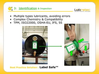 3: Identification & Inspection
• Multiple types lubricants, avoiding errors
• Complex Chemistry & Compatibility
• TPM, ISO22000, OSHA-EU, IFS, 5S
Best Practice Solution : Label Safe™
 