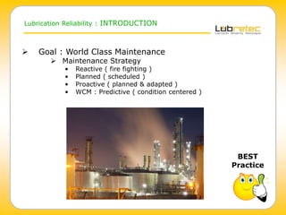 Lubrication Reliability : INTRODUCTION
 Goal : World Class Maintenance
 Maintenance Strategy
• Reactive ( fire fighting )
• Planned ( scheduled )
• Proactive ( planned & adapted )
• WCM : Predictive ( condition centered )
BEST
Practice
 