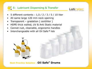 5: Lubricant Dispensing & Transfer
Best Practice Solution : Oil Safe®
Drums
• 5 different contents : 1,5 / 2 / 3 / 5 / 10 liter
• All same large 120 mm neck opening
• Transparent – gradation ( centiliter )
• HDPE thick walled, UV & Anti Static material
• Cannot rust, cleanable, ergonomic handles
• Interchangeable with all Oil Safe ® lids
 