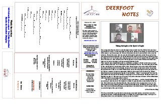 DEERFOOTDEERFOOTDEERFOOTDEERFOOT
NOTESNOTESNOTESNOTES
October 25, 2020
WELCOME TO THE
DEERFOOT
CONGREGATION
We want to extend a warm wel-
come to any guests that have come
our way today. We hope that you
enjoy our worship. If you have
any thoughts or questions about
any part of our services, feel free
to contact the elders at:
elders@deerfootcoc.com
CHURCH INFORMATION
5348 Old Springville Road
Pinson, AL 35126
205-833-1400
www.deerfootcoc.com
office@deerfootcoc.com
SERVICE TIMES
Sundays:
Worship 9:00 AM
Worship 10:30 AM
Online Class 5:00 PM
Wednesdays:
6:30 PM online
SHEPHERDS
Michael Dykes
John Gallagher
Rick Glass
Sol Godwin
Skip McCurry
Darnell Self
MINISTERS
Richard Harp
Johnathan Johnson
Alex Coggins
IDiditBecauseIHeard.
Scripture:Acts9:10-13&Romans10:17
A___________H_______theC________:
1.C___________P________P_______
Acts___:___-___:___;___:___-___
Matthew___:___-___
2.C___________P________P_______
Acts___:___
Acts___:___-___
Matthew___:___-___
Acts___:___-___
John___:___
3.A__________H________G_____T___________theC_________.
Acts___:___-___
.SoP_____H________A__________
Acts___:___
4.Acts___:___-___
SoT___C________H_________P________
2Corinthians___:___;___-___
10:30AMService
Welcome
SongsLeading
StevePutnam
OpeningPrayer
AlexCoggins
ScriptureReading
StanMann
Sermon
LordSupper/Contribution
BillReed
ClosingPrayer
Elder
————————————————————
5PMService
OnlineServices
5PMZoomClass
BusDrivers
NoBusService
Watchtheservices
www.deerfootcoc.comorYouTubeDeerfoot
FacebookDeerfootDisciples
9:00AMService
Welcome
SongLeading
DavidHayes
OpeningPrayer
YoshiSugita
Scripture
ChadKey
Sermon
LordSupper/Contribution
DennisWashington
ClosingPrayer
Elder
BaptismalGarmentsfor
October
MaryHarp
Taking the Light at the Speed of Light
It is so important that we strive to take the light to the world. It was Gus Nichols who used any
opportunity he could to teach and preach the Gospel. In addition to traveling, he was known to use
other means to get the message out. He used the speed of sound to send sound words across the
airwaves. He used the radio and even preached through the party line and all the people in that
area listened in from their homes. As was mentioned last week, Zoom has been a technology that
has helped us be in the living rooms of many people over the last few months. We are again using
the sound waves to send sound words of the Gospel all over the world. Bill and Sue Reed have
taken on the role of teaching via Zoom in Andhra Pradesh, India.
They recently placed membership with us, and Bill is a professor at UAB in the Science depart-
ment. Starting tomorrow, he is teaching the men Christian Evidences. Sue is teaching the women
of the congregation by conducting a ladies class. I have begun a one-on-one study with Venkat,
the 24-year-old translator (bottom right). Because of Covid-19, he has had to return home from
his lab where he works as a scientist. While home, he has been helping his father preach the Gos-
pel. He has a master’s degree in engineering where he is focused on food technology. When I
asked him how many languages he speaks, I was humbled. “Only 3,” was his reply, but I was fur-
ther humbled because he was referring to 3 languages of the 1400 in India. He knows Arabic and
English to make it 5. His heart is to serve the Lord, and he asked me if I knew of Freed-Hardeman
where his father is encouraging him to attend.
Because of Covid-19 – no, because of God’s providence -- we have found brethren who
are striving to serve the Lord. The translator’s father is a preacher who converted his brother in-
law. His brother in-law is Abraham Mundla, who preaches for the congregation you see in this
picture. He has invited other preachers to attend our weekly study. Abraham’s son is the young
man who found our Morning Messages and asked me to teach his friends. God be praised that we
can take the light at the speed of light.
A Note From the Harp
P.S. If you would like to get involved, just give me your email and we can include you in the
weekly Zoom study on Monday Mornings at 7:00AM. If you would please pray, our hope is to
bring many more sons and daughters to glory around the world!
 