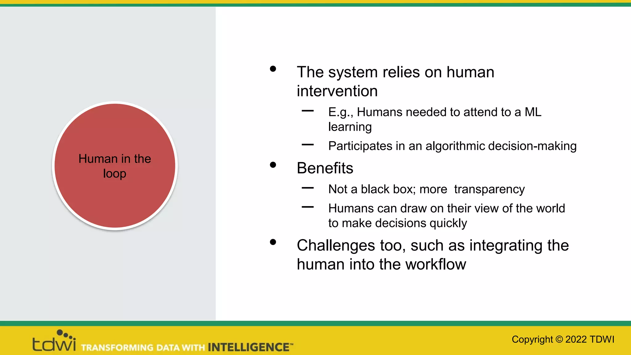 • The system relies on human
intervention
– E.g., Humans needed to attend to a ML
learning
– Participates in an algorithmic decision-making
• Benefits
– Not a black box; more transparency
– Humans can draw on their view of the world
to make decisions quickly
• Challenges too, such as integrating the
human into the workflow
Copyright © 2022 TDWI
Human in the
loop
 