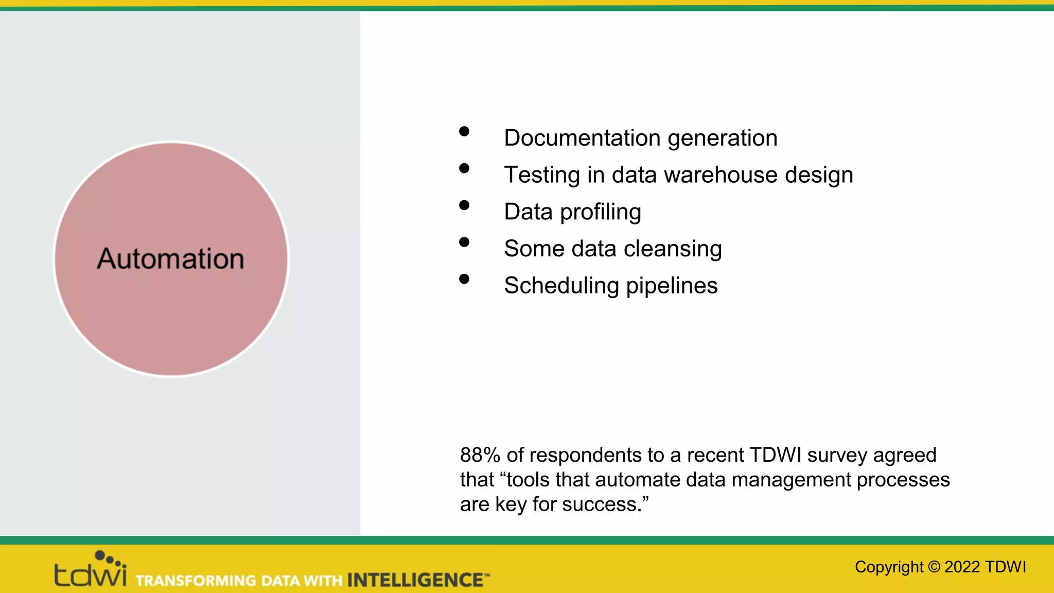 • Documentation generation
• Testing in data warehouse design
• Data profiling
• Some data cleansing
• Scheduling pipelines
Copyright © 2022 TDWI
88% of respondents to a recent TDWI survey agreed
that “tools that automate data management processes
are key for success.”
 