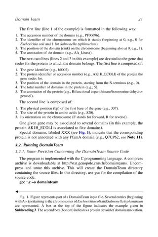 Domain Team 21
The first line (line 1 of the example) is formatted in the following way:
1. The accession number of the domain (e.g., PF00696).
2. The identifier of the chromosome on which it stands (beginning at 0, e.g., 0 for
Escherichia coli and 1 for Salmonella typhimurium).
3. The position of the domain (rank) on the chromosome (beginning also at 0, e.g., 1).
4. The annotation of the domain (e.g., AA_kinase).
The next two lines (lines 2 and 3 in this example) are devoted to the gene that
codes for the protein to which the domain belongs. The first line is composed of:
1. The gene identifier (e.g., b0002).
2. The protein identifier or accession number (e.g., AK1H_ECOLI) of the protein the
gene codes for.
3. The position of the domain in the protein, starting from the N-terminus (e.g., 0).
4. The total number of domains in the protein (e.g., 5).
5. The annotation of the protein (e.g., Bifunctional aspartokinase/homoserine dehydro-
genaseI).
The second line is composed of:
1. The physical position (bp) of the first base of the gene (e.g., 337).
2. The size of the protein in amino acids (e.g., 820).
3. Its orientation on the chromosome (F stands for forward, R for reverse).
One given gene may be associated to several domains (in this example, the
protein AK1H_ECOLI is associated to five domains).
Special domains, labeled XXX (see Fig. 1), indicate that the corresponding
protein is not annotated with any PfamA domain (e.g., Q7CP62, see Note 11).
3.2. Running DomainTeam
3.2.1. Some Precision Concerning the DomainTeam Source Code
The program is implemented with the C programming language. A compress
archive is downloadable at http://stat.genopole.cnrs.fr/domainteams. Uncom-
press and untar this archive. This will create the DomainTeam directory
containing the source files. In this directory, use gcc for the compilation of the
source code:
gcc ∗
.c –o domainteam

Fig. 1. Figure represents part of a DomainTeam input file. Several entries (beginning
withA)pertainingtothechromosomesof Escherichiacoliand Salmonellatyphimurium
are represented. A box at the top of the figure indicates the example given in
Subheading 3. The second box (bottom) indicates a protein devoid of domain annotation.
 
