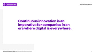 Technology Vision 2020 | accenture.com/technologyvision
#TECHVISION2020Innovation DNA
3
Continuousinnovationisan
imperativeforcompaniesinan
erawheredigitaliseverywhere.
 