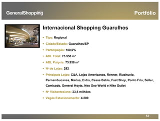 12
Internacional Shopping Guarulhos
Portfólio
Tipo: Regional
Cidade/Estado: Guarulhos/SP
Participação: 100,0%
ABL Total: 75.958 m²
ABL Própria: 75.958 m²
No de Lojas: 292
Principais Lojas: C&A, Lojas Americanas, Renner, Riachuelo,
Pernambucanas, Marisa, Extra, Casas Bahia, Fast Shop, Ponto Frio, Seller,
Camicado, General Hoyts, Neo Geo World e Nike Outlet
No Visitantes/ano: 23,5 milhões
Vagas Estacionamento: 4.200
 
