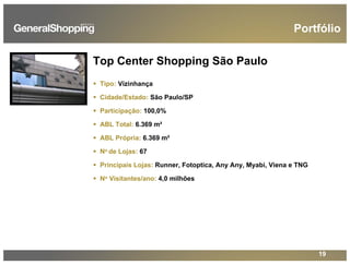 19
Top Center Shopping São Paulo
Tipo: Vizinhança
Cidade/Estado: São Paulo/SP
Participação: 100,0%
ABL Total: 6.369 m²
ABL Própria: 6.369 m²
No de Lojas: 67
Principais Lojas: Runner, Fotoptica, Any Any, Myabi, Viena e TNG
No Visitantes/ano: 4,0 milhões
Portfólio
 