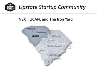 Upstate Startup Community
NEXT, UCAN, and The Iron Yard
 