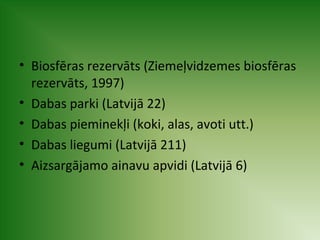 • Biosfēras rezervāts (Ziemeļvidzemes biosfēras 
rezervāts, 1997) 
• Dabas parki (Latvijā 22) 
• Dabas pieminekļi (koki, alas, avoti utt.) 
• Dabas liegumi (Latvijā 211) 
• Aizsargājamo ainavu apvidi (Latvijā 6) 
 