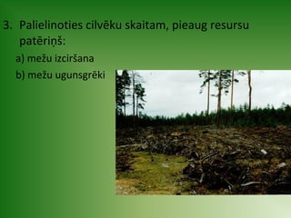 3. Palielinoties cilvēku skaitam, pieaug resursu 
patēriņš: 
a) mežu izciršana 
b) mežu ugunsgrēki 
 