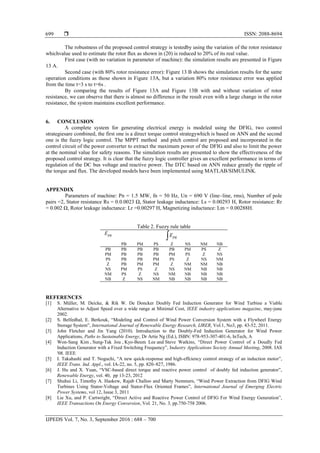  ISSN: 2088-8694
IJPEDS Vol. 7, No. 3, September 2016 : 688 – 700
699
The robustness of the proposed control strategy is testedby using the variation of the rotor resistance
whichvalue used to estimate the rotor ﬂux as shown in (20) is reduced to 20% of its real value.
First case (with no variation in parameter of machine): the simulation results are presented in Figure
13 A.
Second case (with 80% rotor resistance error): Figure 13 B shows the simulation results for the same
operation conditions as those shown in Figure 13A, but a variation 80% rotor resistance error was applied
from the time t=3 s to t=6s .
By comparing the results of Figure 13A and Figure 13B with and without variation of rotor
resistance, we can observe that there is almost no difference in the result even with a large change in the rotor
resistance, the system maintains excellent performance.
6. CONCLUSION
A complete system for generating electrical energy is modeled using the DFIG, two control
strategiesare combined, the first one is a direct torque control strategywhich is based on ANN and the second
one is the fuzzy logic control. The MPPT method and pitch control are proposed and incorporated in the
control circuit of the power converter to extract the maximum power of the DFIG and also to limit the power
at the nominal value for safety reasons. The simulation results are presented to show the effectiveness of the
proposed control strategy. It is clear that the fuzzy logic controller gives an excellent performance in terms of
regulation of the DC bus voltage and reactive power. The DTC based on ANN reduce greatly the ripple of
the torque and flux. The developed models have been implemented using MATLAB/SIMULINK.
APPENDIX
Parameters of machine: Pn = 1.5 MW, fn = 50 Hz, Un = 690 V (line–line, rms), Number of pole
pairs =2, Stator resistance Rs = 0.0.0023 Ω, Stator leakage inductance: Ls = 0.00293 H, Rotor resistance: Rr
= 0.002 Ω, Rotor leakage inductance: Lr =0.00297 H, Magnetizing inductance: Lm = 0.00288H.
Table 2. Fuzzy rule table
pqE
 pqE
PB PM PS Z NS NM NB
PB
PM
PS
Z
NS
NM
NB
PB
PB
PB
PB
PM
PS
Z
PB
PB
PB
PM
PS
Z
NS
PB
PB
PM
PM
Z
NS
NM
PB
PM
PS
Z
NS
NM
NB
PM
PS
Z
NM
NM
NB
NB
PS
Z
NS
NM
NB
NB
NB
Z
NS
NM
NB
NB
NB
NB
REFERENCES
[1] S. Müller, M. Deicke, & Rik W. De Doncker Doubly Fed Induction Generator for Wind Turbine a Viable
Alternative to Adjust Speed over a wide range at Minimal Cost, IEEE industry applications magazine, may-june
2002.
[2] S. Belfedhal, E. Berkouk, “Modeling and Control of Wind Power Conversion System with a Flywheel Energy
Storage System”, International Journal of Renewable Energy Research, IJRER, Vol.1, No3, pp. 43-52, 2011.
[3] John Fletcher and Jin Yang (2010). Introduction to the Doubly-Fed Induction Generator for Wind Power
Applications, Paths to Sustainable Energy, Dr Artie Ng (Ed.), ISBN: 978-953-307-401-6, InTech, A
[4] Won-Sang Kim , Sung-Tak Jou , Kyo-Beum Lee and Steve Watkins, “Direct Power Control of a Doudly Fed
Induction Generator with a Fixed Switching Frequency”, Industry Applications Society Annual Meeting, 2008. IAS
'08. IEEE
[5] I. Takahashi and T. Noguchi, “A new quick-response and high-effciency control strategy of an induction motor”,
IEEE Trans. Ind. Appl., vol. IA-22, no. 5, pp. 820–827, 1986.
[6] J. Hu and X. Yuan, “VSC-based direct torque and reactive power control of doubly fed induction generator”,
Renewable Energy, vol. 40, pp 13-23, 2012
[7] Shuhui Li, Timothy A. Haskew, Rajab Challoo and Marty Nemmers, “Wind Power Extraction from DFIG Wind
Turbines Using Stator-Voltage and Stator-Flux Oriented Frames”, International Journal of Emerging Electric
Power Systems, vol 12, Issue 3, 2011
[8] Lie Xu, and P. Cartwright, “Direct Active and Reactive Power Control of DFIG For Wind Energy Generation”,
IEEE Transactions On Energy Conversion, Vol. 21, No. 3, pp.750-758 2006.
 