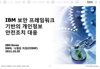 IBM 보안 프레임워크
    기반의 개인정보
    안젂조치 대응

    IBM Korea
    SWG, 나병준 차장(CISSP)
    2011.10.25




IBM 보앆 프레임워크 기반의 개인정보 앆젂조치 대응   1   © 2011 IBM Corporation
 