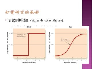  信號偵測理論 (signal detection theory)
 人對於訊號的知覺並不是全有全無的
 