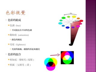  色彩的組成
 色調 (hue)
 不同波長有不同的色調
 飽和度 (saturation)
 顏色的純度
 亮度 (lightness)
 光波的振幅，越強的看起來越亮
 色彩的混合
 相加成：發射光 ( 電視 )
 相減 ：反射光 ( 畫 )
 