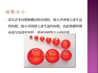  當有許多同類物體同時出現時，較大者會使人產生近
的知覺，較小者則使人產生遠的知覺。由此物體特徵
所產生的深度知覺，係利用相對大小的原理
 