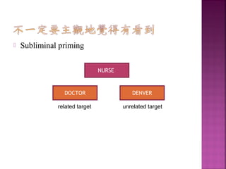  Subliminal priming
NURSE
DOCTOR DENVER
related target unrelated target
 
