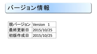 バージョン情報
現バージョン Version 1
最終更新日 2015/10/25
初版作成日 2015/10/25
 