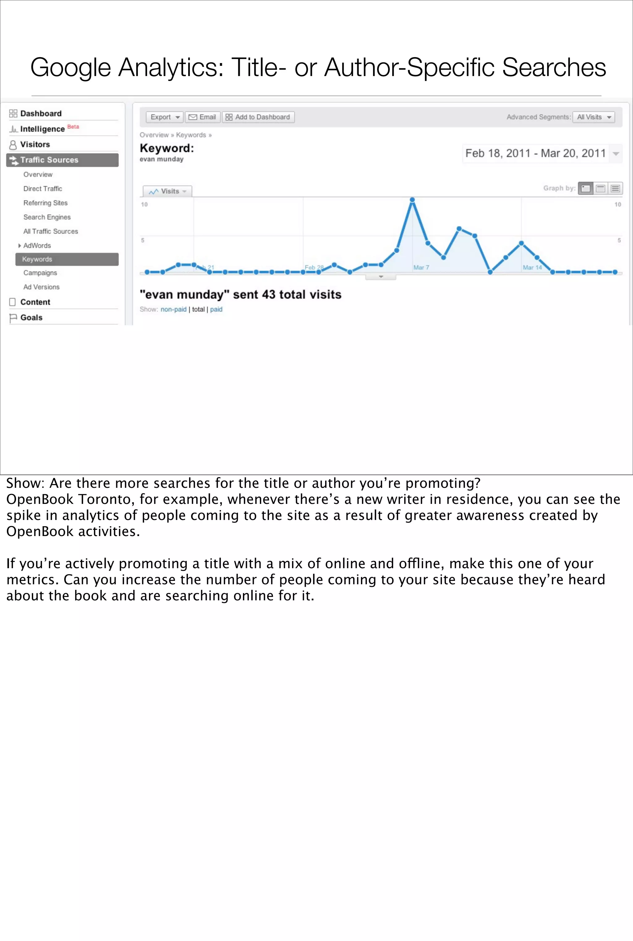 Google Analytics: Title- or Author-Speciﬁc Searches




Show: Are there more searches for the title or author you’re promoting?
OpenBook Toronto, for example, whenever there’s a new writer in residence, you can see the
spike in analytics of people coming to the site as a result of greater awareness created by
OpenBook activities.

If you’re actively promoting a title with a mix of online and offline, make this one of your
metrics. Can you increase the number of people coming to your site because they’re heard
about the book and are searching online for it.
 