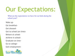 Our Expectations:
Wake up-
Eat breakfast-
Get dressed-
Get to school (on time)-
Behave at school-
Achieve in school-
Graduate on time-
Go to college-
Gain employment-
What are the expectations we have for our kids during the
school year?
 