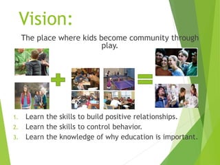 Vision:
The place where kids become community through
play.
1. Learn the skills to build positive relationships.
2. Learn the skills to control behavior.
3. Learn the knowledge of why education is important.
 