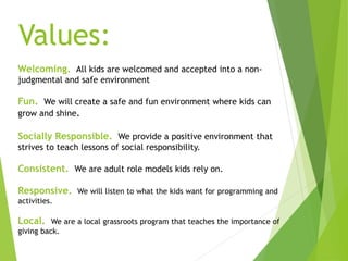 Welcoming. All kids are welcomed and accepted into a non-
judgmental and safe environment
Fun. We will create a safe and fun environment where kids can
grow and shine.
Socially Responsible. We provide a positive environment that
strives to teach lessons of social responsibility.
Consistent. We are adult role models kids rely on.
Responsive. We will listen to what the kids want for programming and
activities.
Local. We are a local grassroots program that teaches the importance of
giving back.
Values:
 