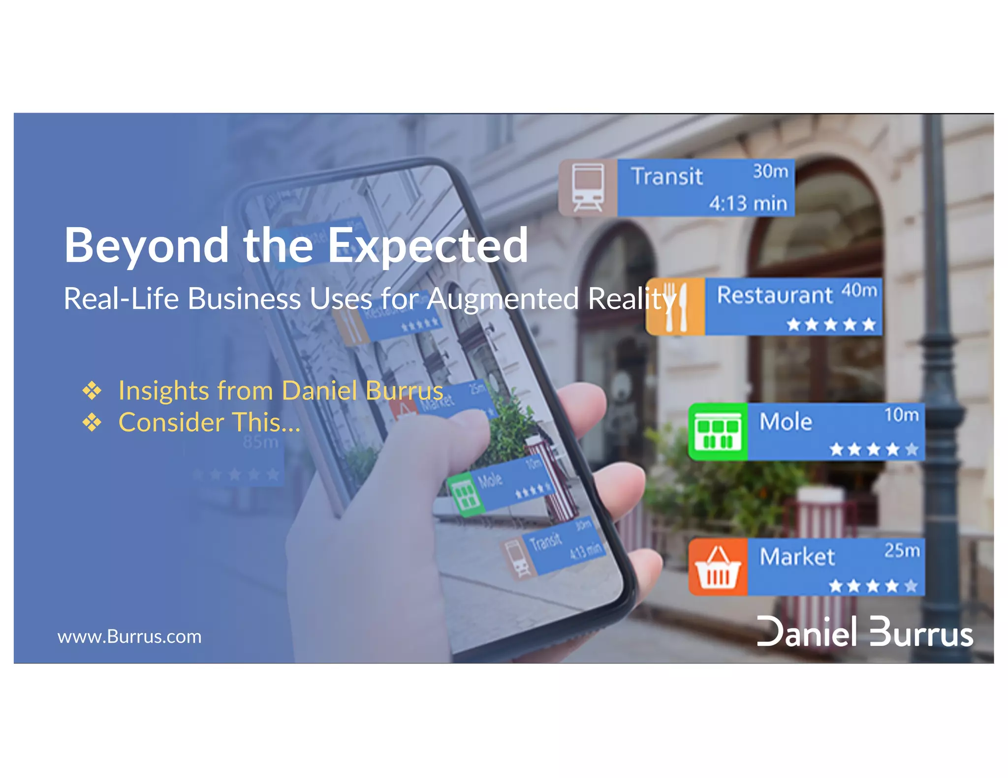 Beyond the Expected
Real-Life Business Uses for Augmented Reality
❖ Insights from Daniel Burrus
❖ Consider This…
www.Burrus.com