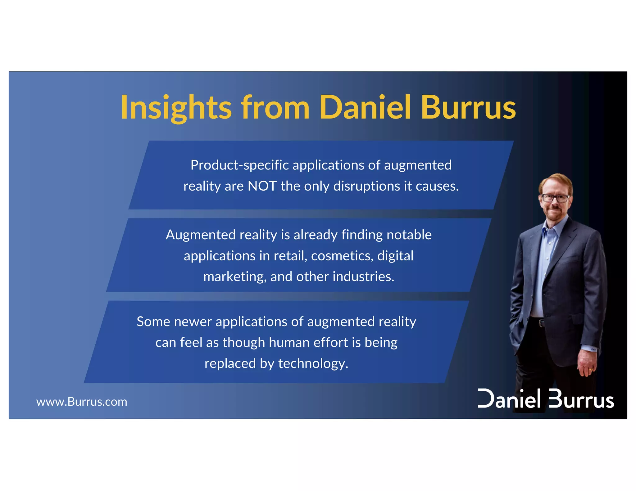 Insights from Daniel Burrus
Product-specific applications of augmented
reality are NOT the only disruptions it causes.
Augmented reality is already finding notable
applications in retail, cosmetics, digital
marketing, and other industries.
Some newer applications of augmented reality
can feel as though human effort is being
replaced by technology.
www.Burrus.com