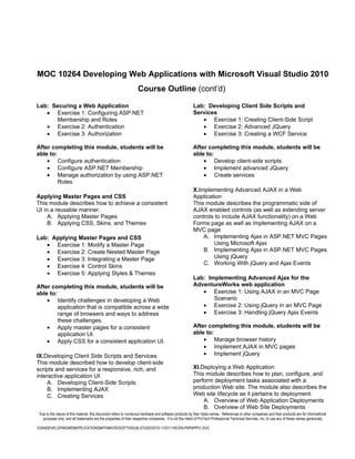 MOC 10264 Developing Web Applications with Microsoft Visual Studio 2010
                                                                   Course Outline (cont’d)

Lab: Securing a Web Application                                                                         Lab: Developing Client Side Scripts and
   • Exercise 1: Configuring ASP.NET                                                                    Services
      Membership and Roles                                                                                 • Exercise 1: Creating Client-Side Script
   • Exercise 2: Authentication                                                                            • Exercise 2: Advanced JQuery
   • Exercise 3: Authorization                                                                             • Exercise 3: Creating a WCF Service

After completing this module, students will be                                                          After completing this module, students will be
able to:                                                                                                able to:
    • Configure authentication                                                                              • Develop client-side scripts
    • Configure ASP.NET Membership                                                                          • Implement advanced JQuery
    • Manage authorization by using ASP.NET                                                                 • Create services
         Roles
                                                                                                        X.Implementing Advanced AJAX in a Web
Applying Master Pages and CSS                                                                           Application
This module describes how to achieve a consistent                                                       This module describes the programmatic side of
UI in a reusable manner.                                                                                AJAX enabled controls (as well as extending server
     A. Applying Master Pages                                                                           controls to include AJAX functionality) on a Web
     B. Applying CSS, Skins, and Themes                                                                 Forms page as well as implementing AJAX on a
                                                                                                        MVC page
Lab: Applying Master Pages and CSS                                                                          A. Implementing Ajax in ASP.NET MVC Pages
   • Exercise 1: Modify a Master Page                                                                           Using Microsoft Ajax
   • Exercise 2: Create Nested Master Page                                                                  B. Implementing Ajax in ASP.NET MVC Pages
   • Exercise 3: Integrating a Master Page                                                                      Using jQuery
                                                                                                            C. Working With jQuery and Ajax Events
   • Exercise 4: Control Skins
   • Exercise 5: Applying Styles & Themes
                                                                                                        Lab: Implementing Advanced Ajax for the
After completing this module, students will be                                                          AdventureWorks web application
able to:                                                                                                   • Exercise 1: Using AJAX in an MVC Page
    • Identify challenges in developing a Web                                                                  Scenario
         application that is compatible across a wide                                                      • Exercise 2: Using jQuery in an MVC Page
         range of browsers and ways to address                                                             • Exercise 3: Handling jQuery Ajax Events
         these challenges.
    • Apply master pages for a consistent                                                               After completing this module, students will be
         application UI.                                                                                able to:
    • Apply CSS for a consistent application UI.                                                            • Manage browser history
                                                                                                            • Implement AJAX in MVC pages
IX.Developing Client Side Scripts and Services                                                              • Implement jQuery
This module described how to develop client-side
scripts and services for a responsive, rich, and                                                        XI.Deploying a Web Application
interactive application UI.                                                                             This module describes how to plan, configure, and
     A. Developing Client-Side Scripts                                                                  perform deployment tasks associated with a
     B. Implementing AJAX                                                                               production Web site. The module also describes the
     C. Creating Services                                                                               Web site lifecycle as it pertains to deployment.
                                                                                                            A. Overview of Web Application Deployments
                                                                                                            B. Overview of Web Site Deployments
 Due to the nature of this material, this document refers to numerous hardware and software products by their trade names. References to other companies and their products are for informational
   purposes only, and all trademarks are the properties of their respective companies. It is not the intent of ProTech Professional Technical Services, Inc. to use any of these names generically

10264DEVELOPINGWEBAPPLICATIONSWITHMICROSOFTVISUALSTUDIO2010-110311182359-PHPAPP01.DOC
 