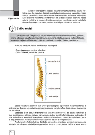 Ergonomia

Antes de falar dos três tipos de postura vamos falar sobre a coluna vertebral, que é a estrutura óssea intercalada com discos que sustenta o nosso
tronco, permitindo os movimentos de ﬂexoextensão, rotação e inclinação.
É de extrema importância lembrar que as raízes nervosas saem na nossa
coluna vertebral e vão em direção aos nossos membros e uma variedade
de manifestações dos membros tem sua origem na coluna vertebral.

Saiba mais!
De acordo com Viel (2000), a coluna vertebral é um mecanismo complexo, perfeitamente adaptado à sua função. É também uma ferramenta frágil que suporta mal a solicitação
excessiva, seja repetida no tempo ou decorrente de um esforço breve, mas intenso.
A coluna vertebral possui 4 curvaturas ﬁsiológicas
- Duas Lordoses, cervical e lombar;
- Duas Cifoses, torácica e pélvica.

Essas curvaturas ocorrem num único plano (sagital) e permitem maior resistência à
sobrecarga. Quando um indivíduo apresenta alguma curvatura fora deste plano, chamamos
de escoliose.
Escoliose é um desvio tridimensional (nas três dimensões) da coluna vertebral, o
que signiﬁca que, além de desviar para um dos lados, também faz rotação e inclinação. O
que mais chama atenção é o desvio ou os desvios laterais da coluna. Na maioria os casos
é frequente existir mais que um desvio da coluna, devido à compensação.
A coluna sofre forte inﬂuência da idade, perceptível através do tempo de permanência
sentado. Inicialmente o indivíduo suporta altas horas e, com o passar da idade, esse tempo

34

 