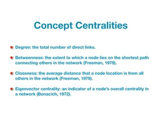 Degree: the total number of direct links.
Betweenness: the extent to which a node lies on the shortest path
connecting others in the network (Freeman, 1979).
Closeness: the average distance that a node location is from all
others in the network (Freeman, 1979).
Eigenvector centrality: an indicator of a node’s overall centrality in
a network (Bonacich, 1972).
Concept Centralities
 
