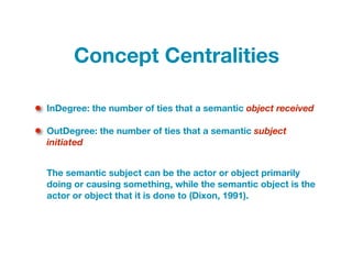 InDegree: the number of ties that a semantic object received
OutDegree: the number of ties that a semantic subject
initiated
Concept Centralities
The semantic subject can be the actor or object primarily
doing or causing something, while the semantic object is the
actor or object that it is done to (Dixon, 1991).
 
