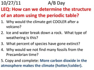 10/27/11             A/B Day
LEQ: How can we determine the structure
of an atom using the periodic table?
1. Why would the climate get COOLER after a
    volcano?
2. Ice and water break down a rock. What type of
    weathering is this?
3. What percent of species have gone extinct?
4. Why would we not find many fossils from the
    Precambrian time?
5. Copy and complete: More carbon dioxide in the
atmosphere makes the climate (hotter/colder).
 
