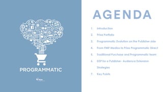 PROGRAMMATIC
1. Introduction
2. Prisa Portfolio
3. Programmatic Evolution on the Publisher side
4. From PMP Medios to Prisa Programmatic Direct
5. Traditional Purchase and Programmatic team
6. DSP for a Publisher- Audience Extension
Strategies
7. Key Points
 
