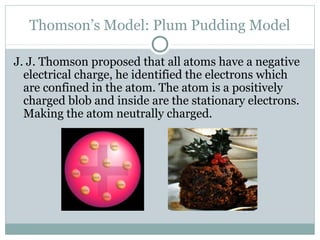 Thomson’s Model: Plum Pudding Model
J. J. Thomson proposed that all atoms have a negative
electrical charge, he identified the electrons which
are confined in the atom. The atom is a positively
charged blob and inside are the stationary electrons.
Making the atom neutrally charged.
 