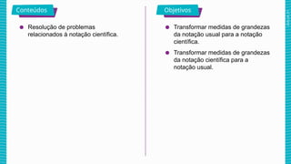 2025_AF_V1
Conteúdos Objetivos
● Resolução de problemas
relacionados à notação científica.
● Transformar medidas de grandezas
da notação usual para a notação
científica.
● Transformar medidas de grandezas
da notação científica para a
notação usual.
 