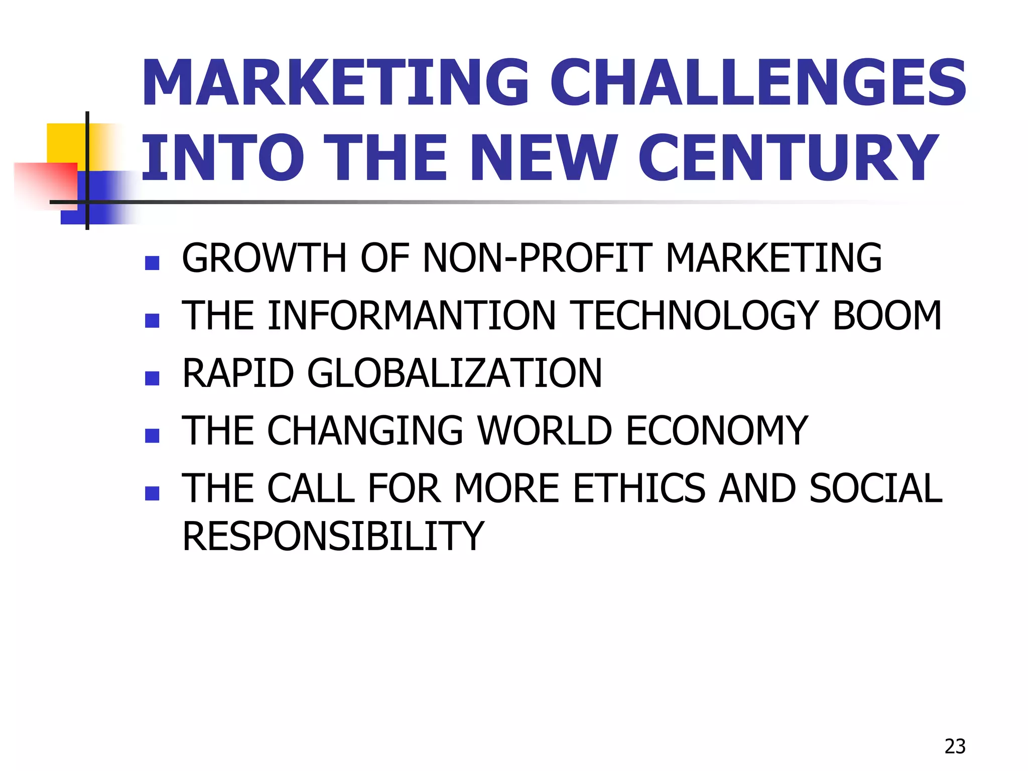 23
MARKETING CHALLENGES
INTO THE NEW CENTURY
 GROWTH OF NON-PROFIT MARKETING
 THE INFORMANTION TECHNOLOGY BOOM
 RAPID GLOBALIZATION
 THE CHANGING WORLD ECONOMY
 THE CALL FOR MORE ETHICS AND SOCIAL
RESPONSIBILITY
 