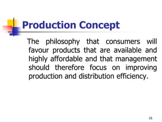 16
Production Concept
The philosophy that consumers will
favour products that are available and
highly affordable and that management
should therefore focus on improving
production and distribution efficiency.
 