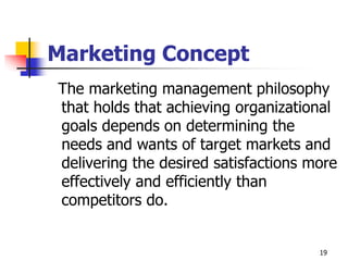 19
Marketing Concept
The marketing management philosophy
that holds that achieving organizational
goals depends on determining the
needs and wants of target markets and
delivering the desired satisfactions more
effectively and efficiently than
competitors do.
 